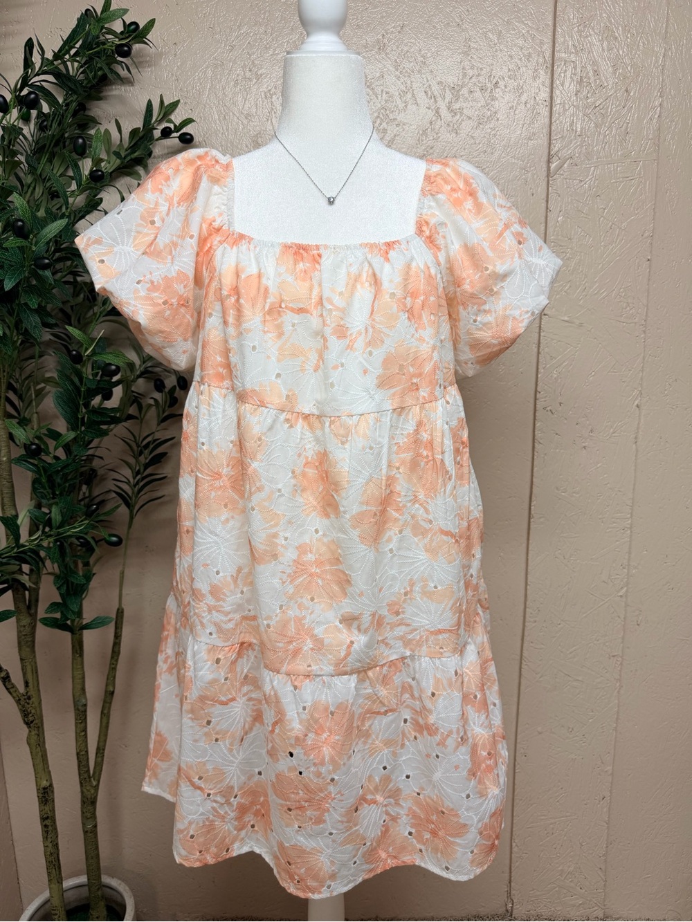 Polagram White and Peach Floral Midi Dress